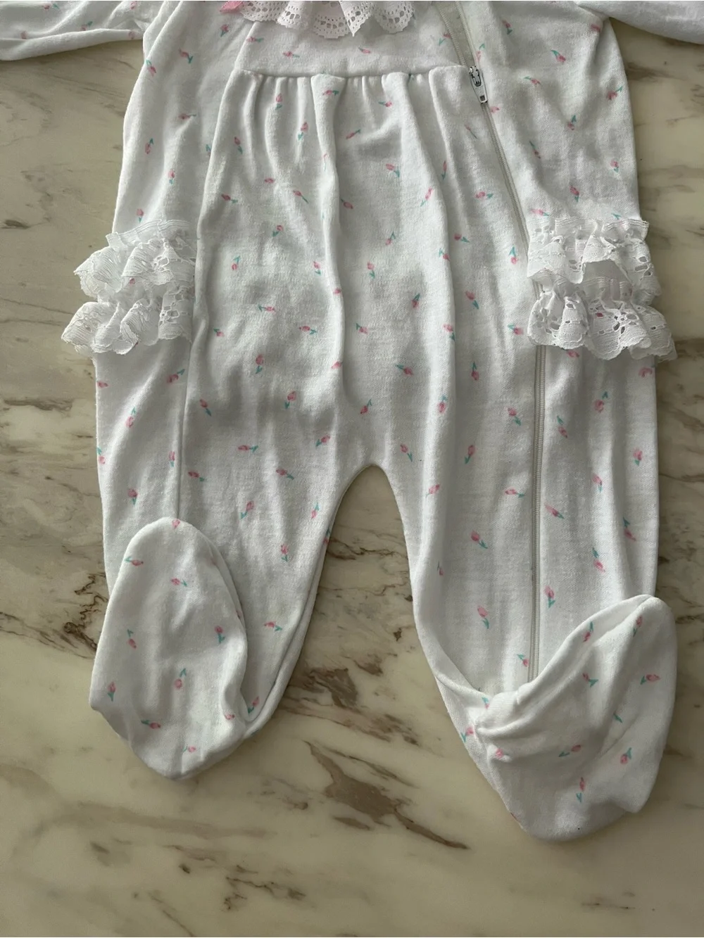 H&M White Footed One-Piece with Pink Dot Accents and Lace Collar